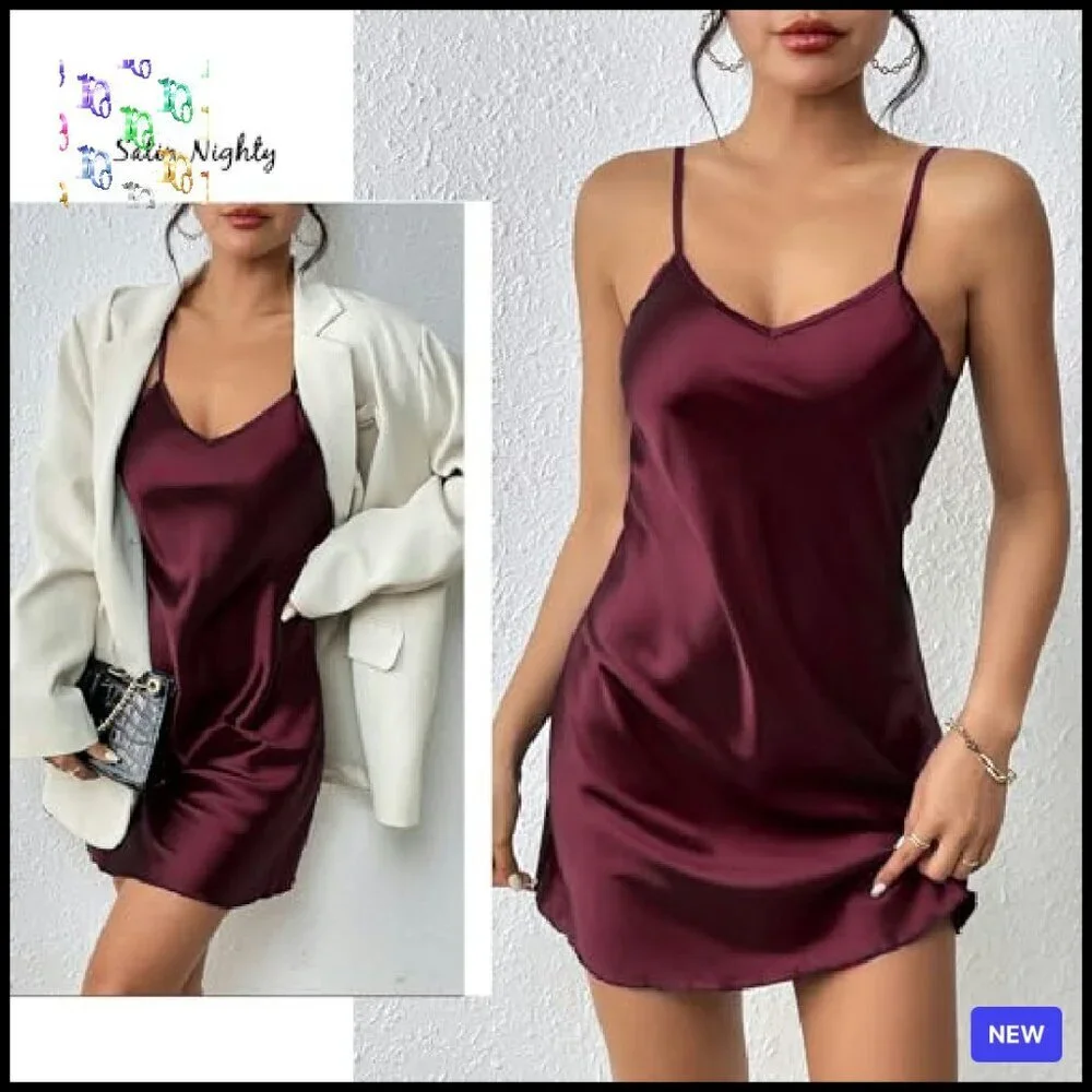Satin Slip Dress Elegant Minimal Chic Nightgown Adjustable Straps V Neck